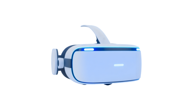 A vr headset with a white and blue color scheme isolated on a black background in a studio shot