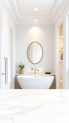 White bathroom interior Empty marble table top for product display with blurred bathroom interior