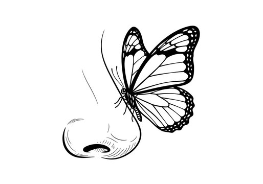 Butterfly near a nose, symbolizing the beauty of nature and the sense of smell 
