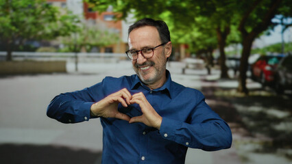 Man smiling in blue shirt gestures in sunny urban street with trees and blurred background suggesting cheerful outdoor setting with mature hispanic male in focus.