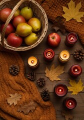 Autumn Still Life with Apples Pears Candles and Leaves