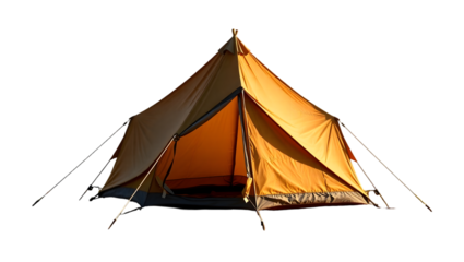 A tent with a yellow exterior and an orange interior set against a stark black background in a studio shot