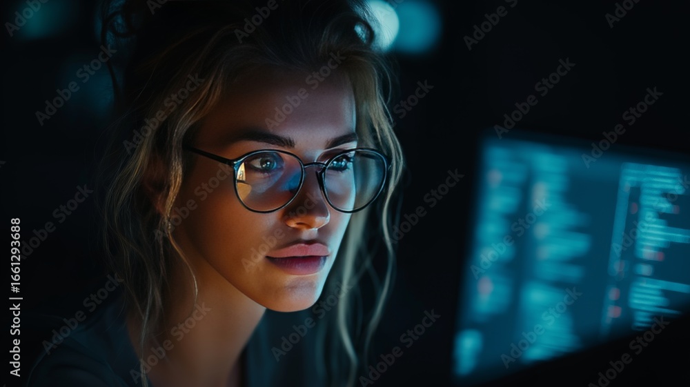Poster focused woman studies programming languages in a dimly lit space while using multiple screens.