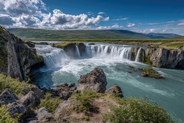Fototapeta premium Icelandic waterfall cascading into a turquoise pool