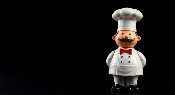 黒背景に立つ笑顔のシェフ人形 愛らしい白い制服 明るい照明で強調. AI Generated