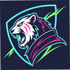 Esport team logo featuring a fierce tiger mascot with neon accents and shield