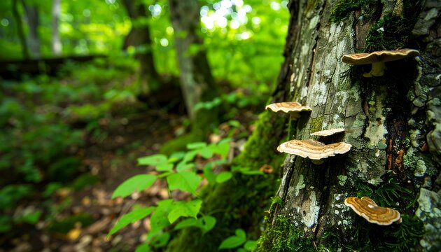 Mushrooms growing on tree, forest floor