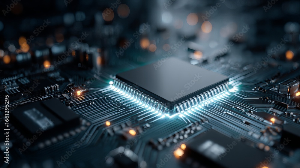 Poster stunning close-up of illuminated computer processor on a dark circuit board, showcasing advanced tec