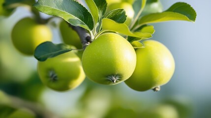 Green apples growing on a tree branch under clear sky in a sunny orchard setting
