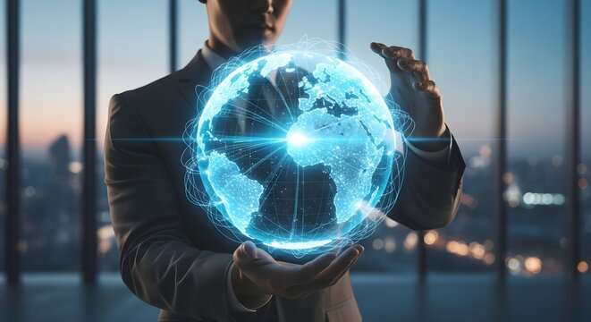 Businessperson holding a glowing digital Earth hologram with connected networks, symbolizing global communication, technology, and worldwide connectivity - Powered by Adobe