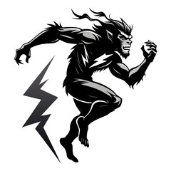 Creative silhouette of ape jumping with lightning bulb symbolizing innovation, energy, business ideas, creativity, startup success, motivation and growth