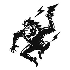 Creative silhouette of ape jumping with lightning bulb symbolizing innovation, energy, business ideas, creativity, startup success, motivation and growth