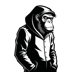 Unique vector illustration of ape silhouette in startup hoodie leaning on wall, modern business mascot design for branding and marketing.