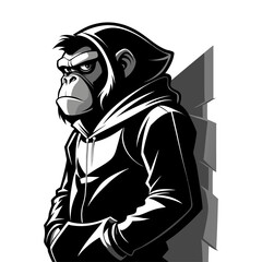 Unique vector illustration of ape silhouette in startup hoodie leaning on wall, modern business mascot design for branding and marketing.
