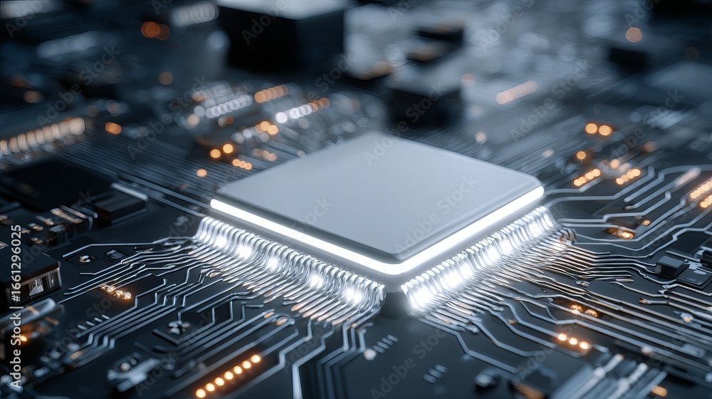Poster stunning macro view of glowing computer processor on intricate circuit board, representing advanced 