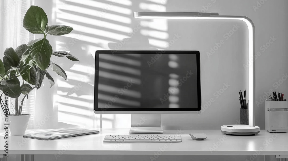 Poster modern workspace with computer and plants for a productive environment