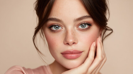 Naklejka premium Close up portrait of young woman with striking blue eyes and natural makeup, showcasing her flawless skin and soft features. background is warm, neutral tone that enhances her beauty