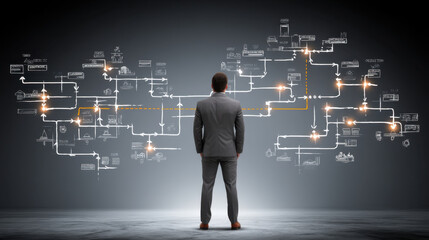 Businessman suit stands front of complex flowchart, symbolizing strategic planning and decision making. illuminated pathways represent various options and outcomes, evoking sense of innovation