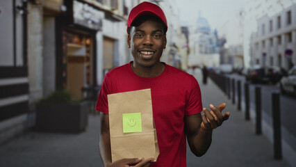 Young african american delivery man smiling while holding a paper bag on a street; confident...