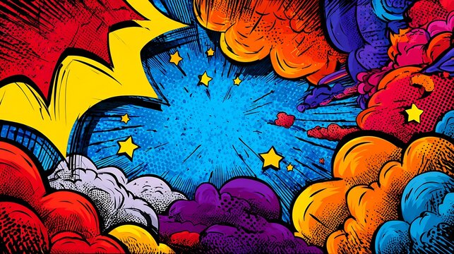 Explosion of vibrant comic book style colors and shapes creating a dynamic and energetic abstract scene