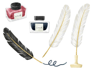 水彩画風の羽根ペンとインクの文房具セット