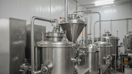 Modern stainless steel food processing facility with large industrial tanks