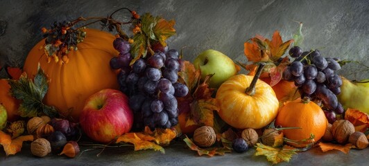 The bountiful arrangement of autumn fruits and vegetables on a rustic table