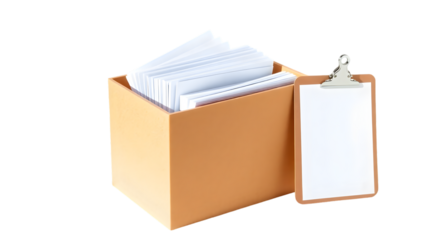 A tan box filled with white papers and a clipboard with a blank sheet of paper on a black background