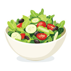 flat vector of a fresh green salad with lettuce, cucumber, tomato, and olives in a bowl, health food theme