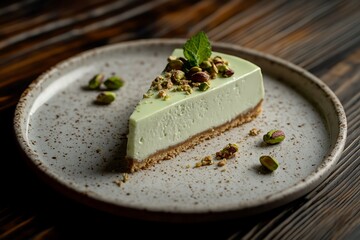 Slice of pistachio cheesecake with mint garnish on rustic plate and wooden background