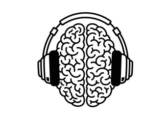 Brain illustrated with headphones, symbolizing auditory learning and cognitive stimulation
