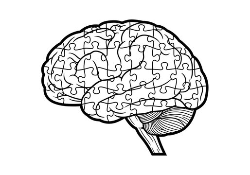 Brain illustrated as a jigsaw puzzle, symbolizing complexity of thought and cognitive challenges