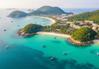 A serene tropical beach scene with white sand, clear turquoise waters, and lush palm trees swaying in the gentle breeze.