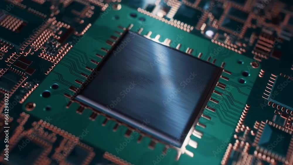 Poster light reflecting on a microchip on a circuit board