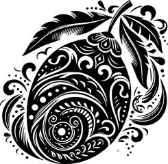 Mango Solid Black Color Vector Silhouette in Traditional Mexican Folk Art Style