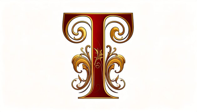 Ornate Gold & Red Capital Letter T Design