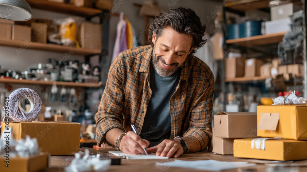 Aufkleber man is smiling while writing on piece of paper in cozy workspace filled with boxes and craft supplie
