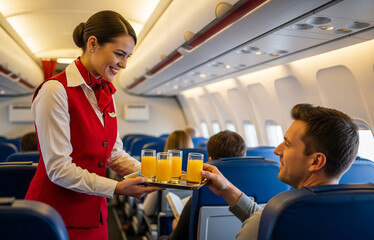 Passenger receives fresh orange juice from the smiling flight attendant.