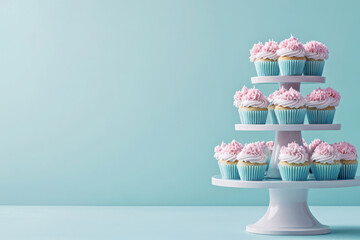 Blue background with a three-tiered tray of mini cupcakes topped with pink frosting. Rococo revival.