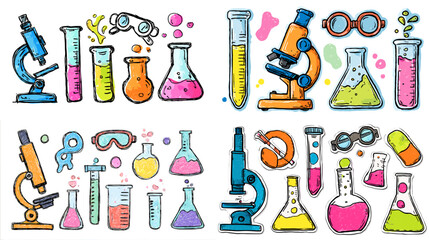 Colorful doodle illustration set of microscopes, test tubes, flasks, and lab equipment. Fun science design for education, chemistry, and experiment themes.