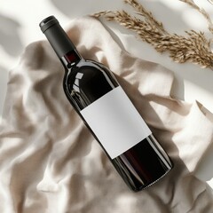 Minimalist red wine bottle mockup with a blank white label on a rustic background.