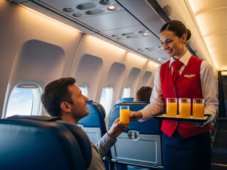 Friendly flight attendant serves refreshing drinks to airplane passengers.