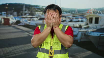 Asian man in reflective vest smiling at seaside port with boats under clear sky, exuding confidence...