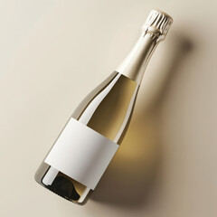 Elegant champagne bottle mockup with blank white label, lying tilted on clean background.
