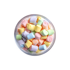 Colorful mini marshmallows piled in a clear bowl