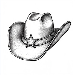 Western cowboy hat with sheriff star in vintage hand-drawn sketch style on white background