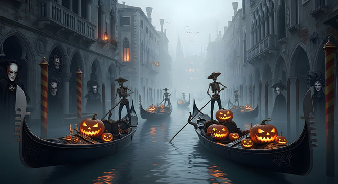 Halloween in venice with skeletons in gondolas and spooky masks on buildings in a foggy atmosphere - Powered by Adobe