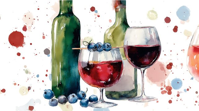 Vibrant watercolor painting captures a romantic evening with wine and berries