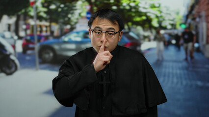 Asian man wearing priest outfit with cross standing on busy urban street gesturing for silence with...