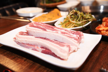 Korean pork barbecue. raw pork belly